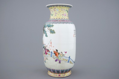A Chinese famille rose vase with a parade of boys, 20th C.