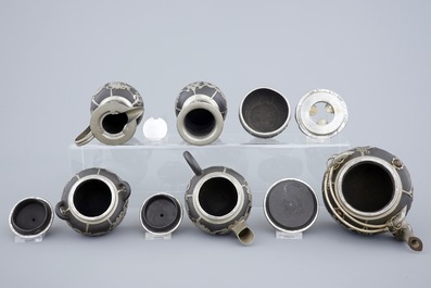 A Chinese yixing and pewter part tea service on tray, Shanghai, ca. 1900