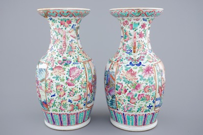 A pair of Chinese famille rose vases with warriors, 19th C.