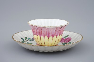 A Chinese famille rose lotus-shaped cup and saucer, Yongzheng, 1723-1735