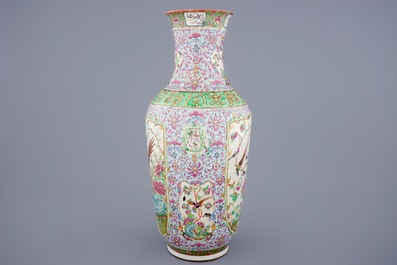 An unusual relief-moulded Canton famille rose vase, 19th C.