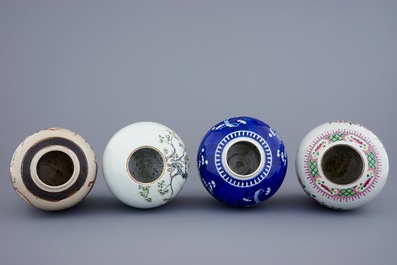A set of 4 various Chinese famille rose and blue and white ginger jars and covers, 19/20th C.
