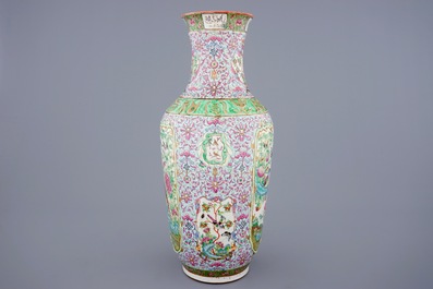 An unusual relief-moulded Canton famille rose vase, 19th C.