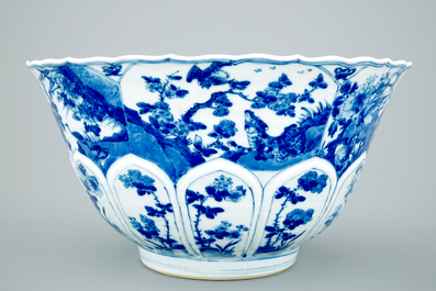 A large Chinese blue and white lobed and moulded bowl, Kangxi