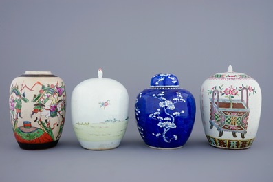 A set of 4 various Chinese famille rose and blue and white ginger jars and covers, 19/20th C.