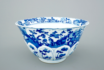 A large Chinese blue and white lobed and moulded bowl, Kangxi