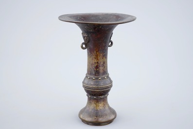 A marked Chinese bronze gu vase with traces of gilt lacquer, late Ming Dynasty