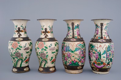 Two pairs of Chinese famille rose and verte Nanking crackle glaze vases, 19th C.