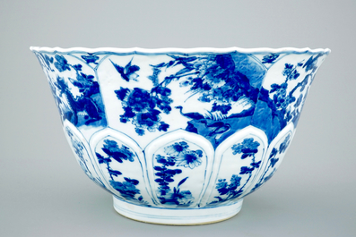 A large Chinese blue and white lobed and moulded bowl, Kangxi