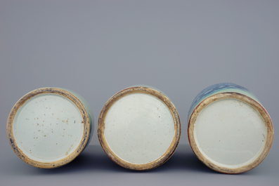 A set of 3 Chinese blue and white on celadon ground vases, 19th C.