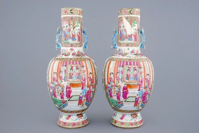 A pair of Chinese Canton famille rose vases with ruyi scepter handles, 19th C.