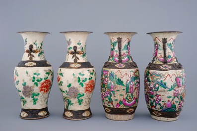 Two pairs of Chinese famille rose and verte Nanking crackle glaze vases, 19th C.