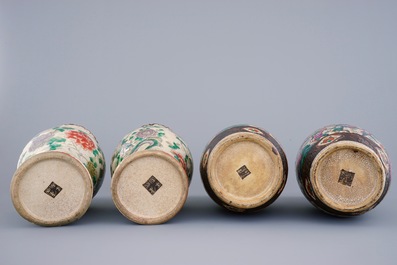 Two pairs of Chinese famille rose and verte Nanking crackle glaze vases, 19th C.