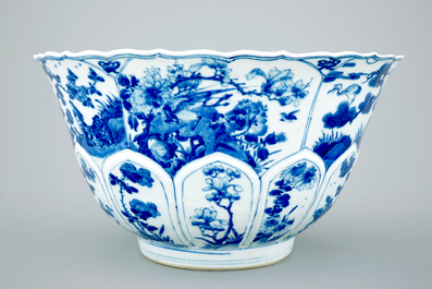 A large Chinese blue and white lobed and moulded bowl, Kangxi