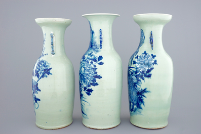 A set of 3 Chinese blue and white on celadon ground vases, 19th C.