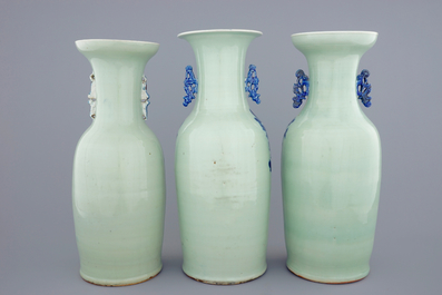 A set of 3 Chinese blue and white on celadon ground vases, 19th C.