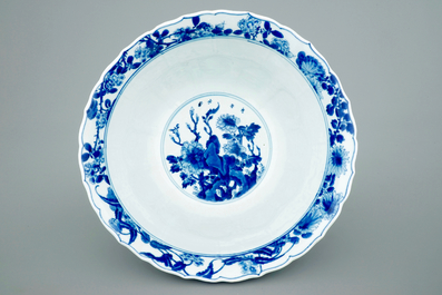A large Chinese blue and white lobed and moulded bowl, Kangxi