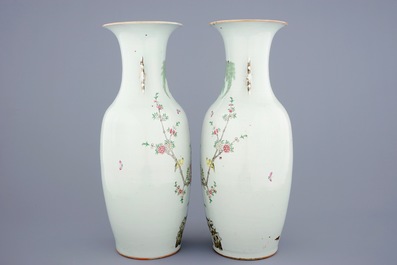 A pair of Chinese famille rose vases with birds among flowers, 19/20th C.