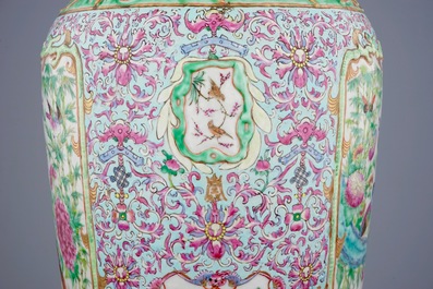 An unusual relief-moulded Canton famille rose vase, 19th C.