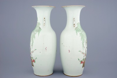 A pair of Chinese famille rose vases with birds among flowers, 19/20th C.