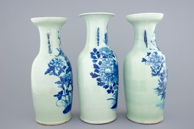 A set of 3 Chinese blue and white on celadon ground vases, 19th C.