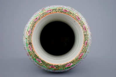 An unusual relief-moulded Canton famille rose vase, 19th C.