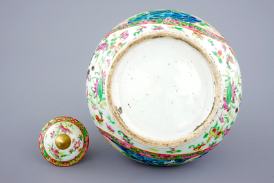 A Chinese bottle-shaped Canton famille rose vase and cover, 19th C.
