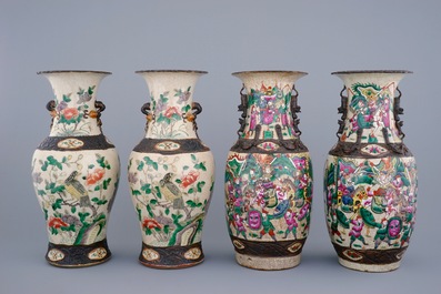 Two pairs of Chinese famille rose and verte Nanking crackle glaze vases, 19th C.