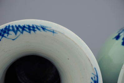 A set of 3 Chinese blue and white on celadon ground vases, 19th C.