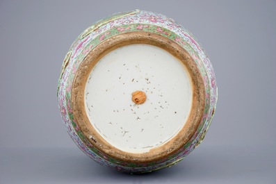 An unusual relief-moulded Canton famille rose vase, 19th C.