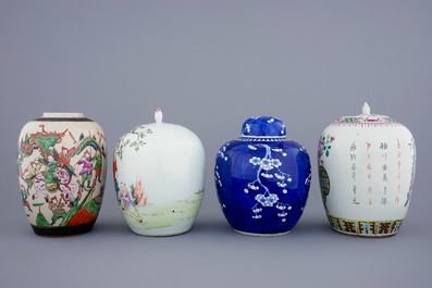 A set of 4 various Chinese famille rose and blue and white ginger jars and covers, 19/20th C.