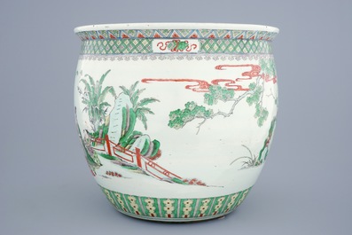 A Chinese famille verte fish bowl with figures, 19th C.