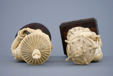 A tall pair of Chinese carved ivory emperor figures, ca. 1900