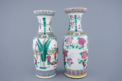 Two large Chinese famille rose vases with roosters and a Guanyin, 19th C.