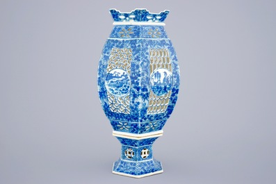 A Chinese blue and white pierced lantern on stand, 19th C.