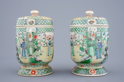 A pair of Chinese famille verte Kangxi style covered bowls, 19th C.