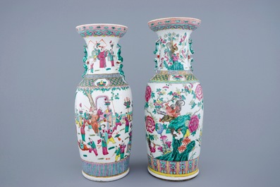 Two large Chinese famille rose vases with roosters and a Guanyin, 19th C.