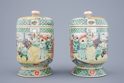 A pair of Chinese famille verte Kangxi style covered bowls, 19th C.