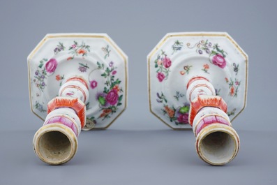 A pair of Chinese famille rose candlesticks, Qianlong, 18th C.