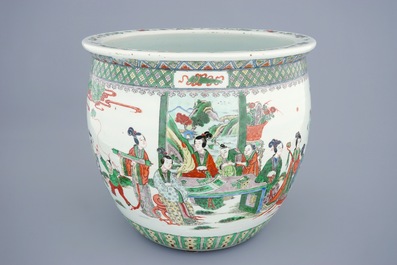 A Chinese famille verte fish bowl with figures, 19th C.