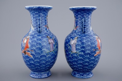 A pair of fine Chinese famille rose vases with immortals on waves, 19/20th C.