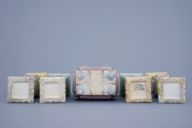 A 5-piece Chinese famille rose temple garniture with a censer on stand, 19th C.