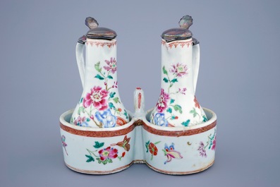 A Chinese pewter-mounted famille rose cruet set, Qianlong, 18th C.