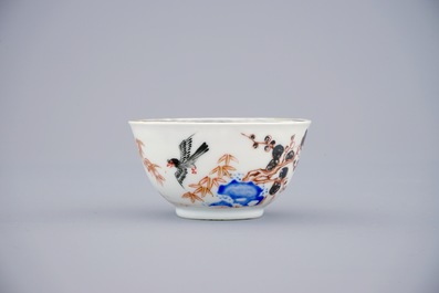 Un lot de 6 tasses et soucoupes en porcelaine de Chine aux oiseaux sur bambou, Yongzheng/Qianlong, 18&egrave;me