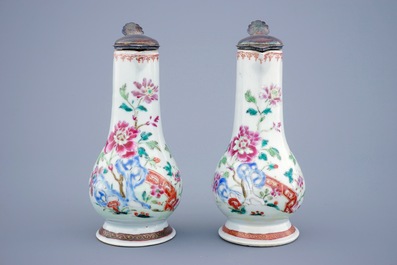 A Chinese pewter-mounted famille rose cruet set, Qianlong, 18th C.