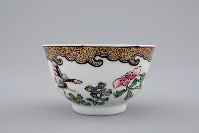 A Chinese famille rose eggshell cup and saucer with butterflies among flowers, Yongzheng, 1723-1735