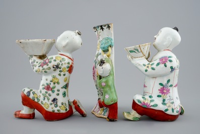 Two Chinese famille rose figures and a wall vase, 18/19th C.