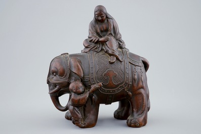 A Chinese bronze group of Guanyin on an elephant, Qing