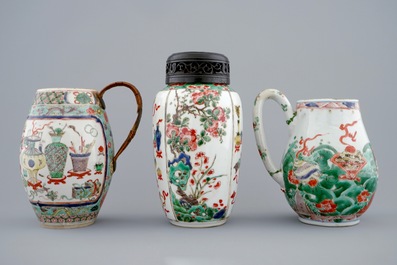 Three Chinese famille verte pieces: a chocolate jug, a vase and a beer mug, Kangxi