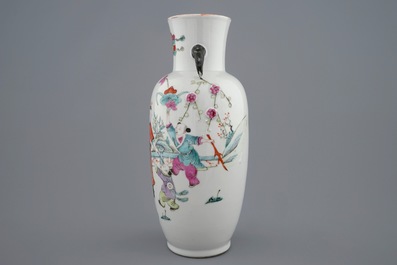 A Chinese famille rose vase with applied flowers and a bowl, 19th C.
